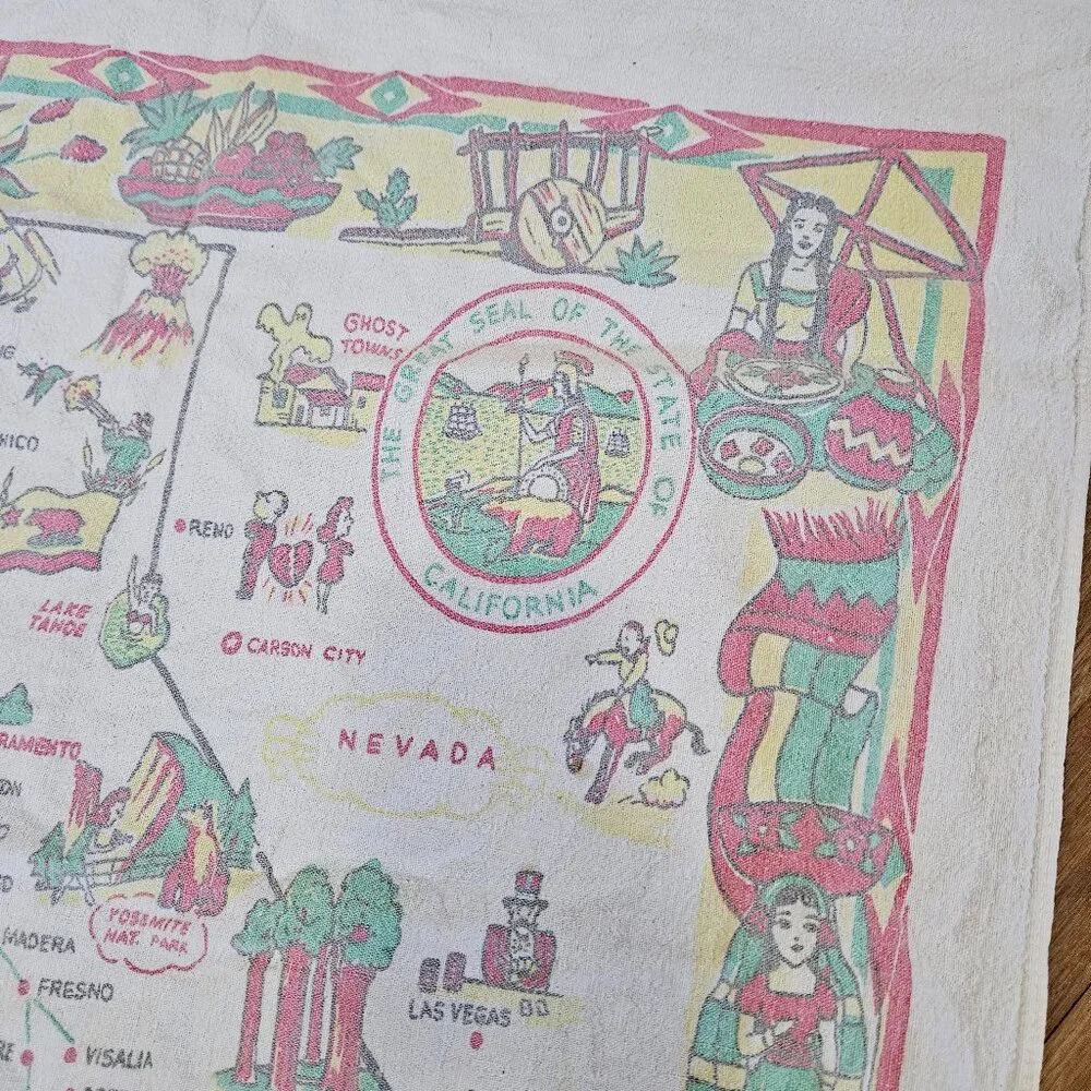 Vintage 40s Large Linen Kitchen Tea Towel California Souvenir Tourist Map 37x29